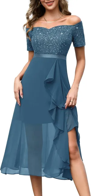 BeryLove Women Sequin Formal Party Dress Off Shoulder Wedding Cocktail Midi Evening Dress
