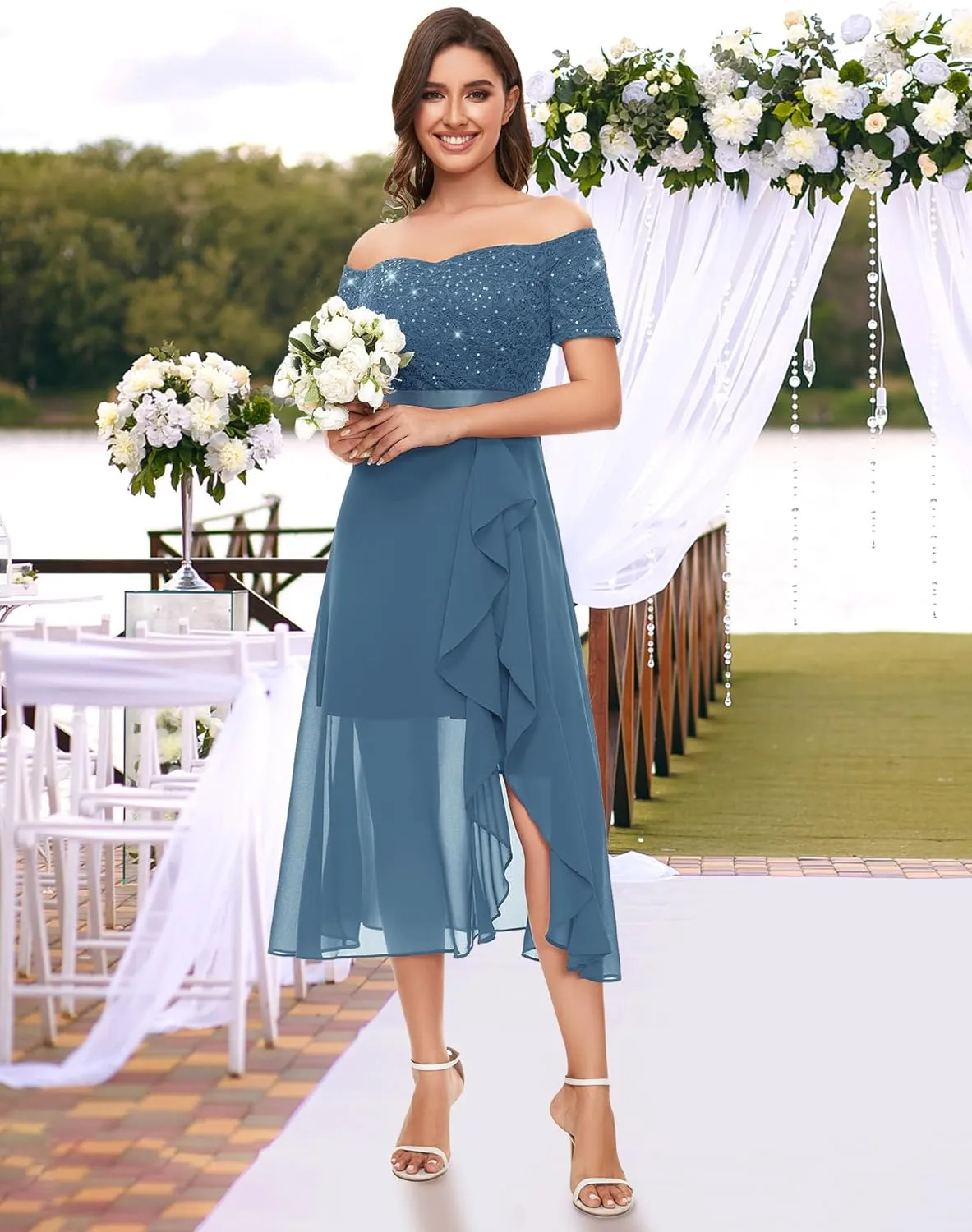 BeryLove Women Sequin Formal Party Dress Off Shoulder Wedding Cocktail Midi Evening Dress