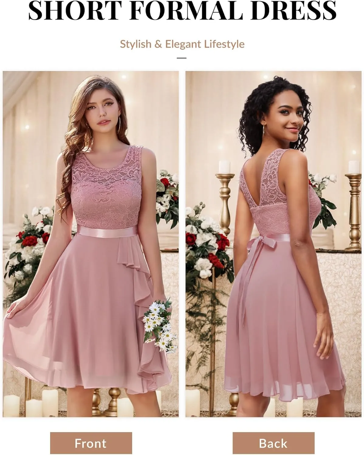 BeryLove Women's Cocktail Dresses Prom Wedding Guest Short Bridesmaid Dresses Ruffle Hem Sleeveless Lace Formal Dress