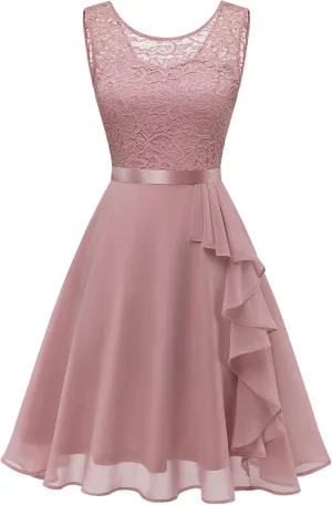 BeryLove Women's Cocktail Dresses Prom Wedding Guest Short Bridesmaid Dresses Ruffle Hem Sleeveless Lace Formal Dress