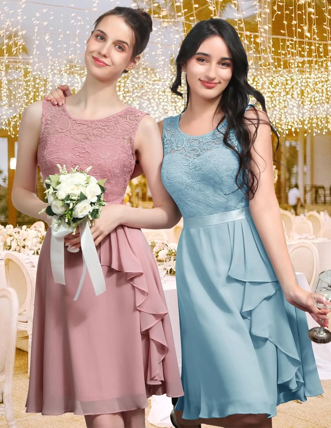 BeryLove Women's Cocktail Dresses Prom Wedding Guest Short Bridesmaid Dresses Ruffle Hem Sleeveless Lace Formal Dress