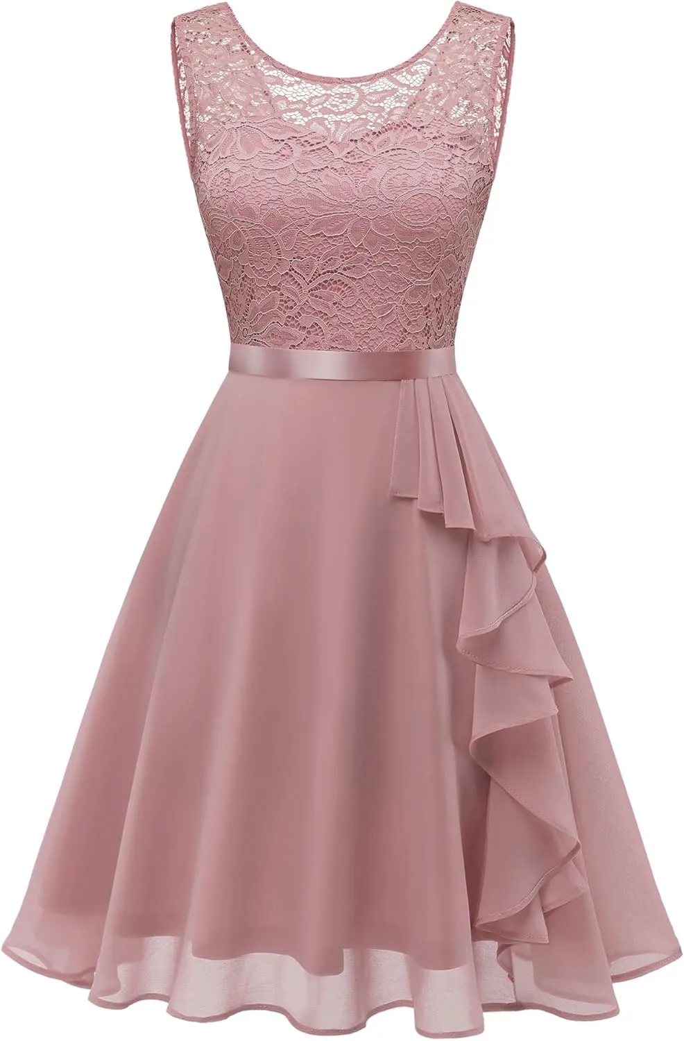 BeryLove Women's Cocktail Dresses Prom Wedding Guest Short Bridesmaid Dresses Ruffle Hem Sleeveless Lace Formal Dress
