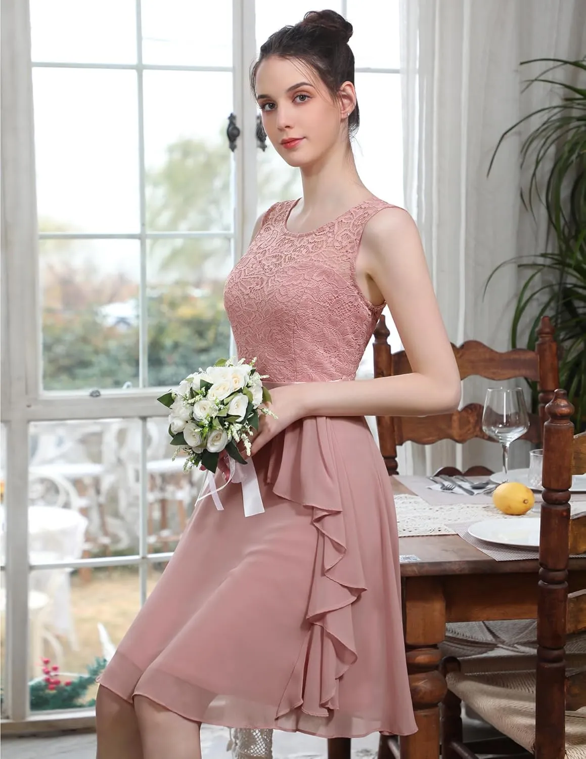 BeryLove Women's Cocktail Dresses Prom Wedding Guest Short Bridesmaid Dresses Ruffle Hem Sleeveless Lace Formal Dress