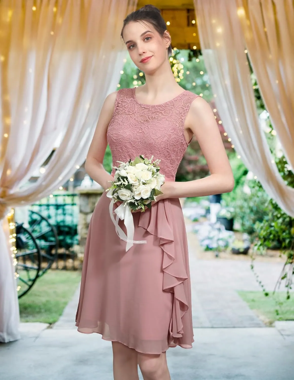 BeryLove Women's Cocktail Dresses Prom Wedding Guest Short Bridesmaid Dresses Ruffle Hem Sleeveless Lace Formal Dress