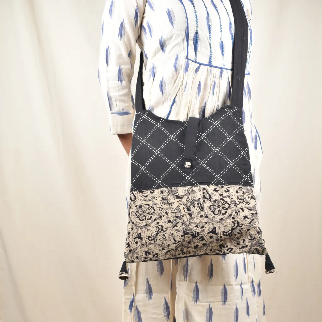 Black and White Kalamkari Sling Bag With Embroidery
