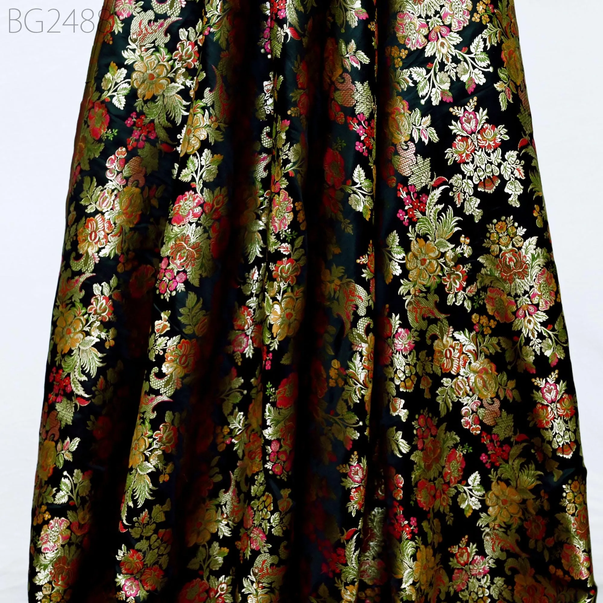 Black Brocade Fabric by the Yard Historic Costume Indian Banarasi Wedding Dress Material Banaras Knee Length Coat Sewing Upholstery Drapery