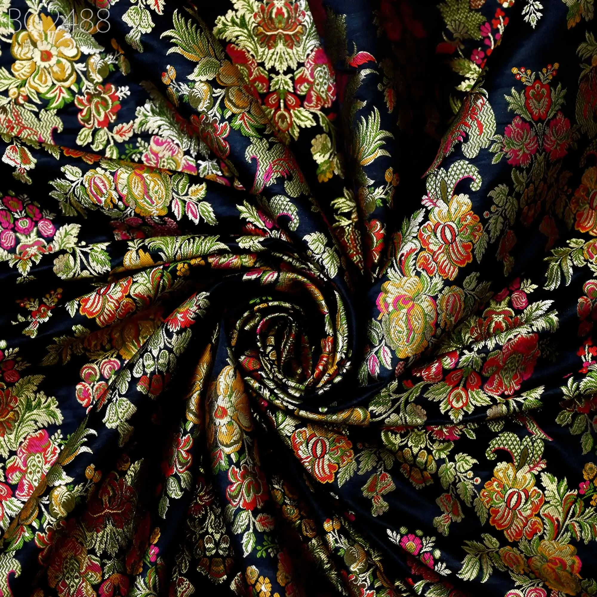 Black Brocade Fabric by the Yard Historic Costume Indian Banarasi Wedding Dress Material Banaras Knee Length Coat Sewing Upholstery Drapery