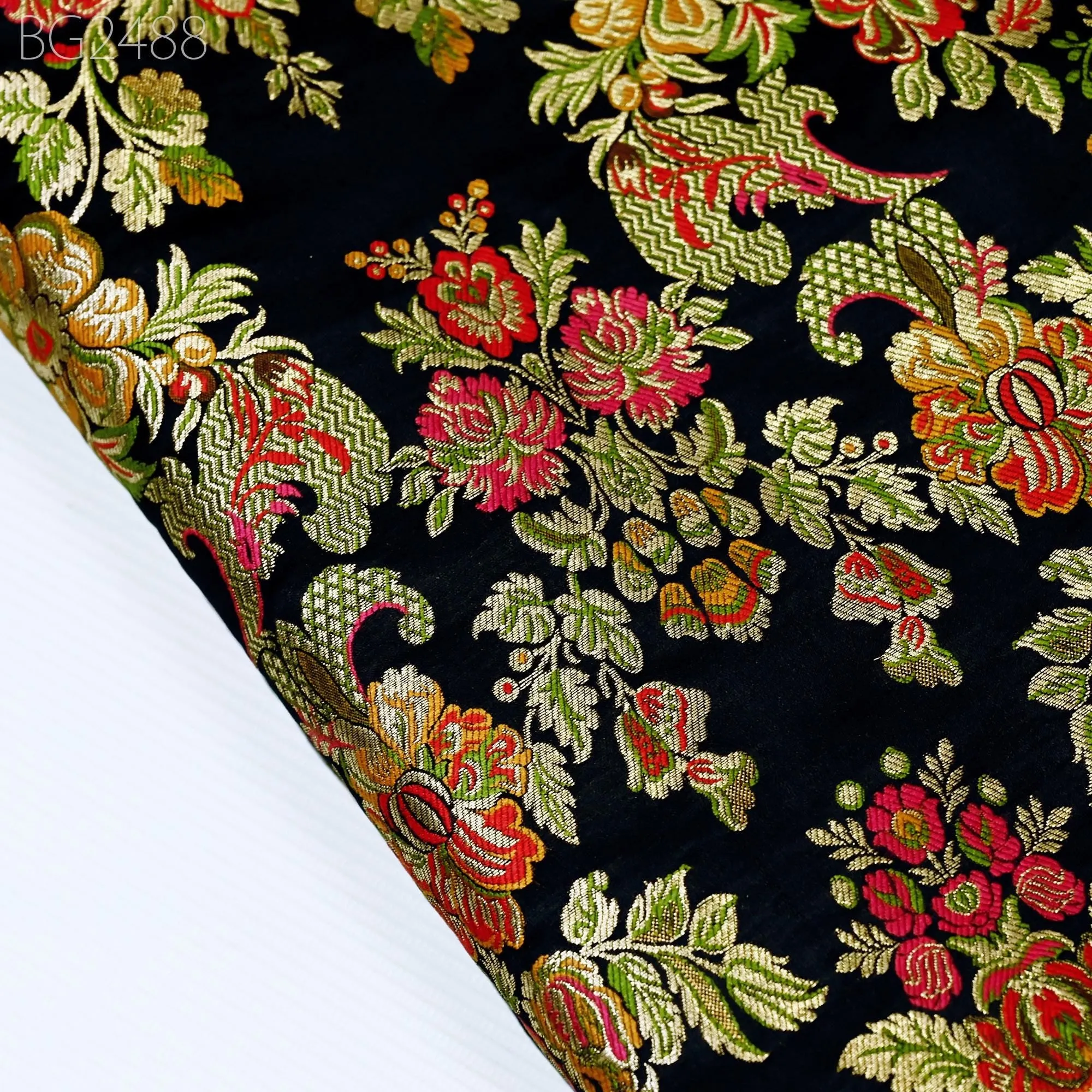 Black Brocade Fabric by the Yard Historic Costume Indian Banarasi Wedding Dress Material Banaras Knee Length Coat Sewing Upholstery Drapery