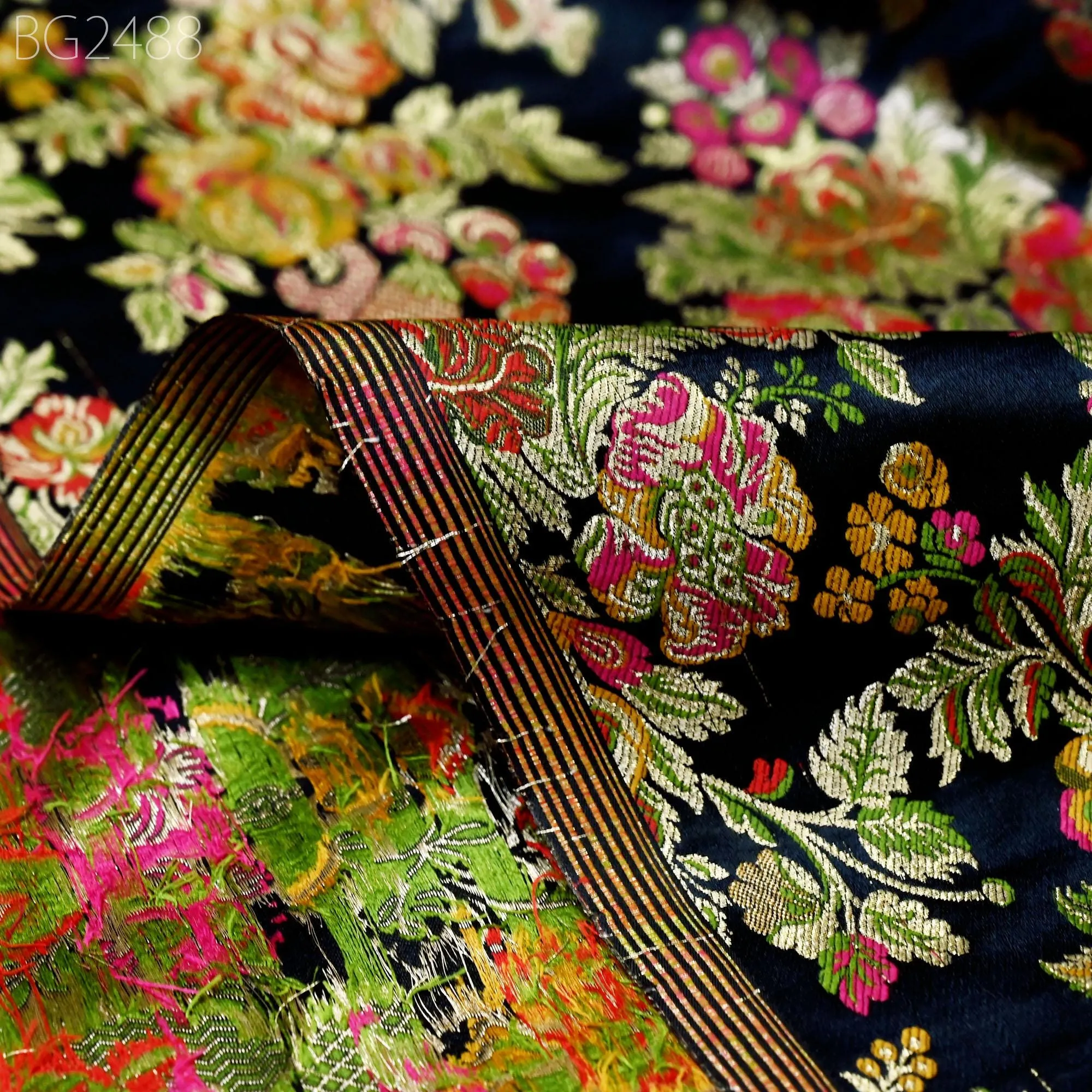 Black Brocade Fabric by the Yard Historic Costume Indian Banarasi Wedding Dress Material Banaras Knee Length Coat Sewing Upholstery Drapery