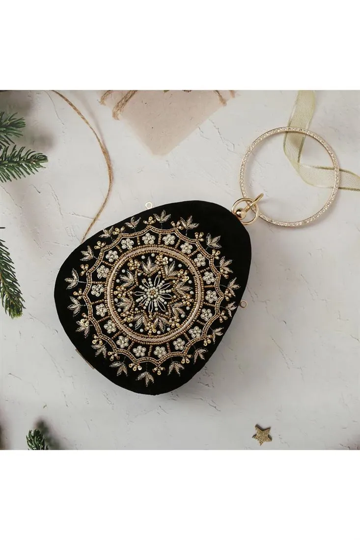 Black Color Glorious Hand Work Velvet Clutch