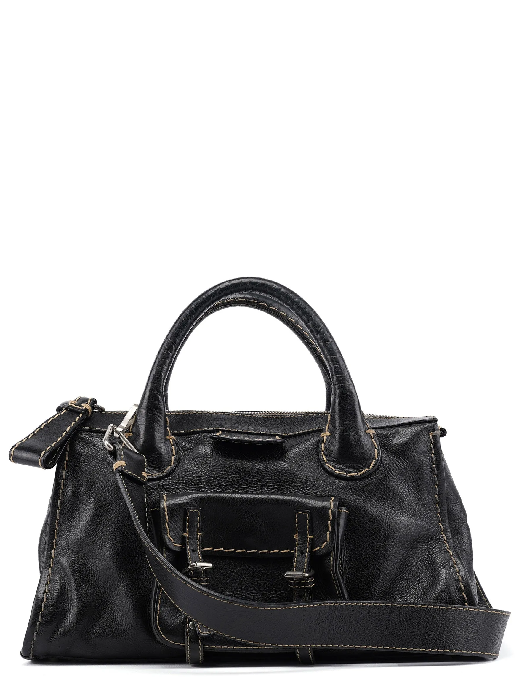 Black Leather Edith 2-Way Tote Bag