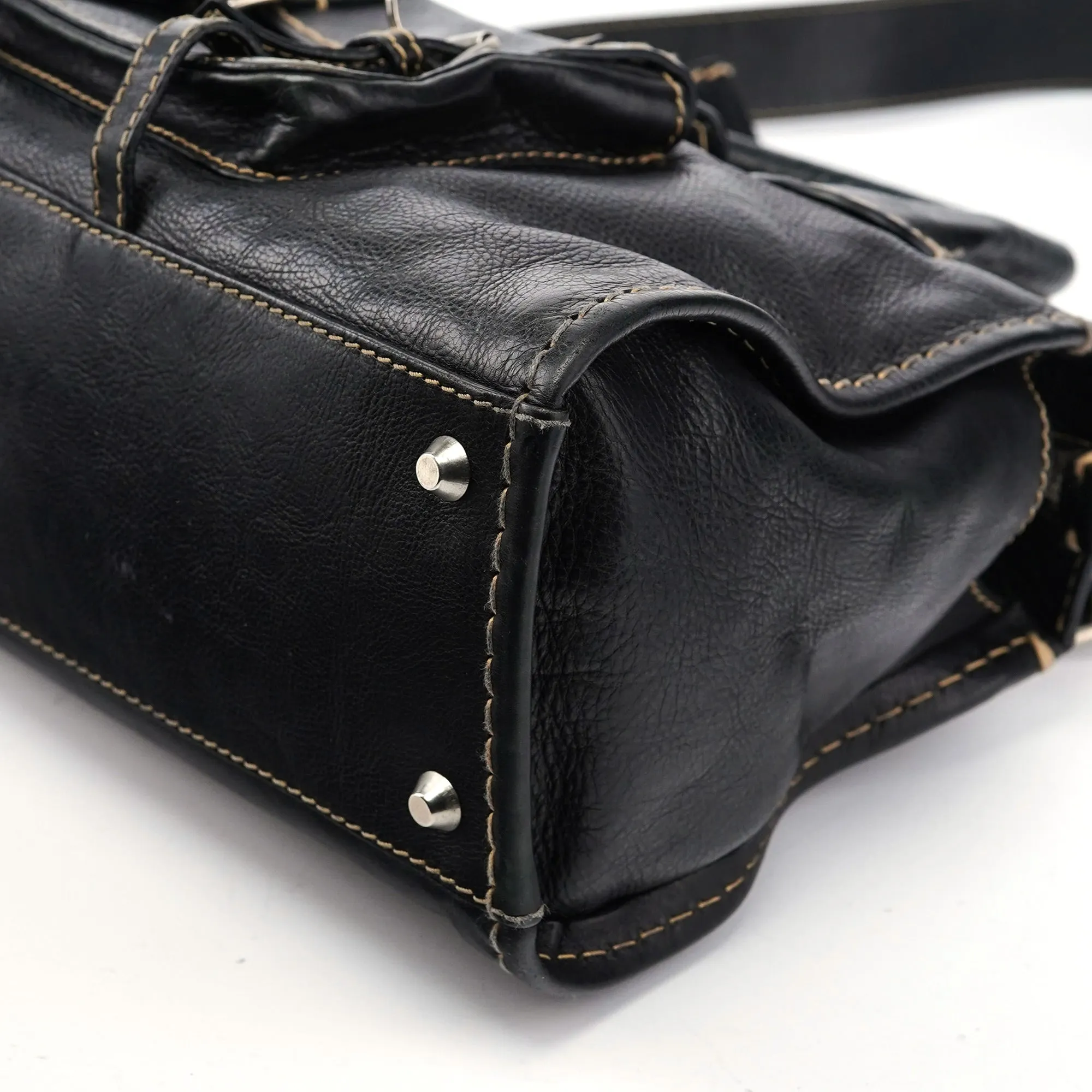 Black Leather Edith 2-Way Tote Bag