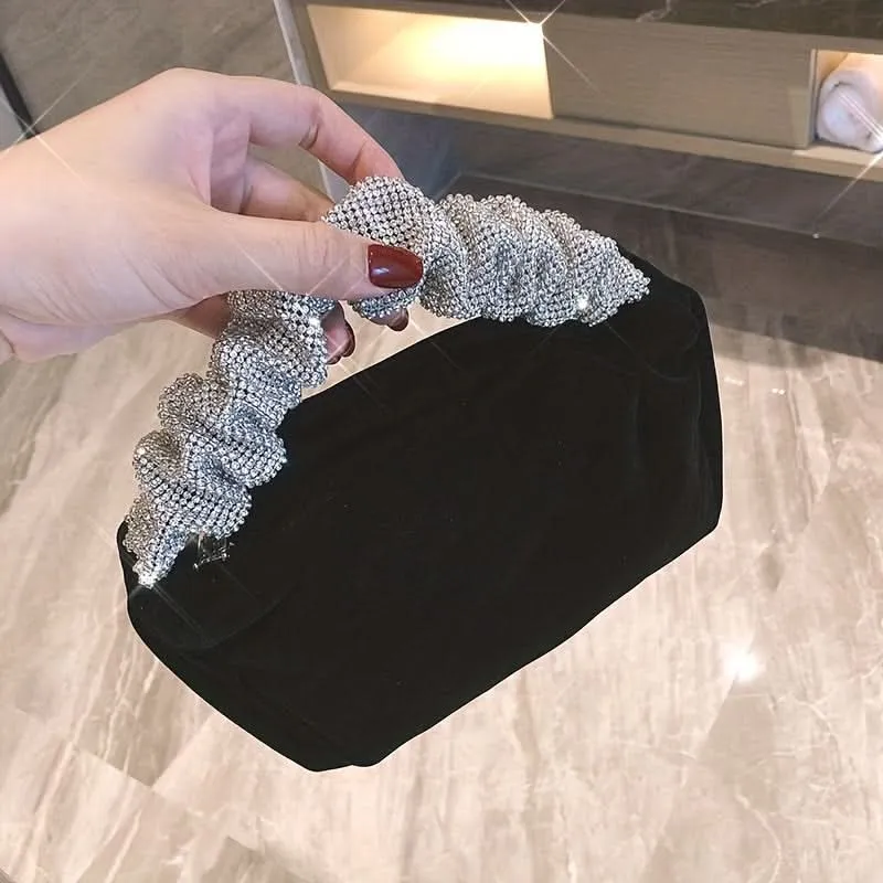 Black Velvet Evening Clutch with Rhinestone Handle