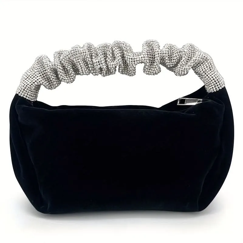 Black Velvet Evening Clutch with Rhinestone Handle
