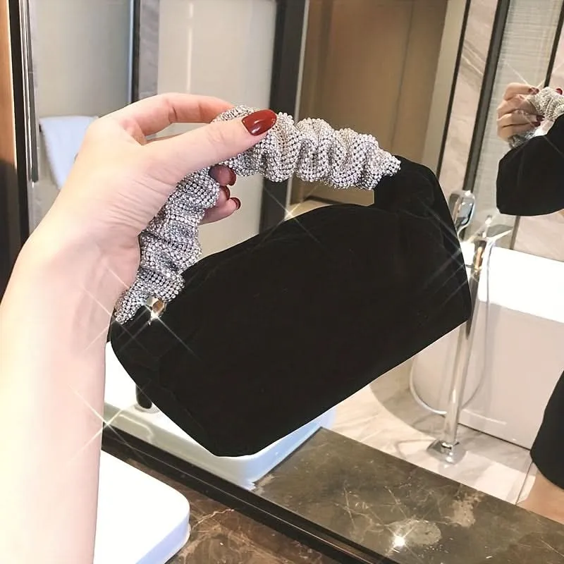 Black Velvet Evening Clutch with Rhinestone Handle