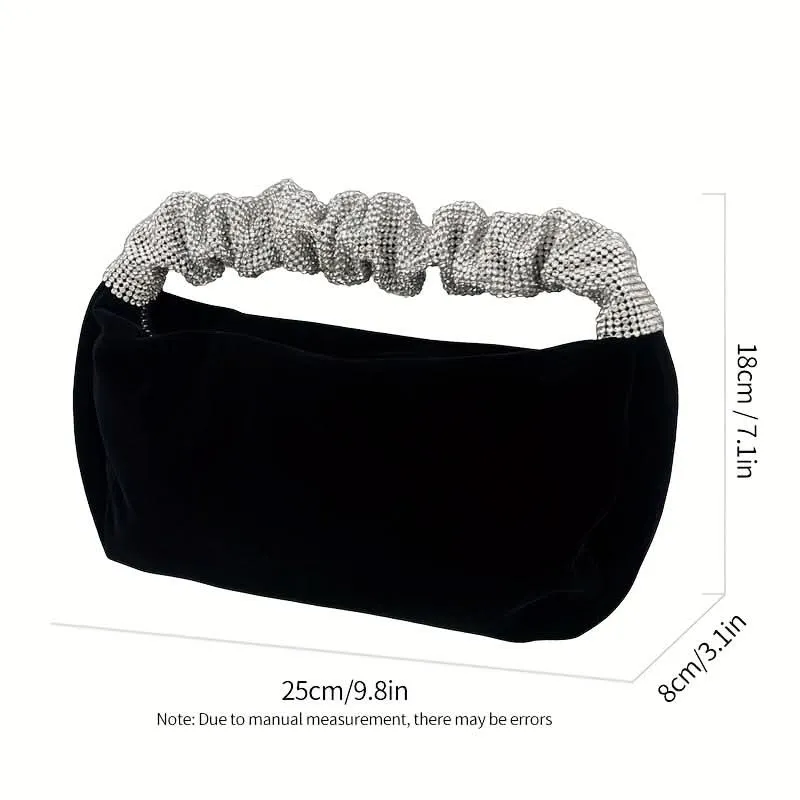 Black Velvet Evening Clutch with Rhinestone Handle