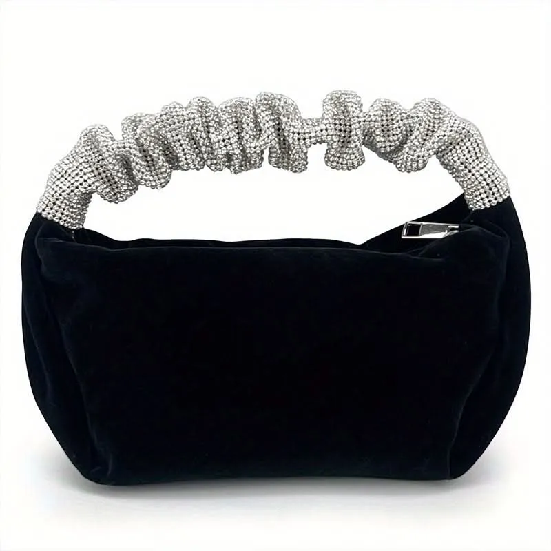 Black Velvet Evening Clutch with Rhinestone Handle