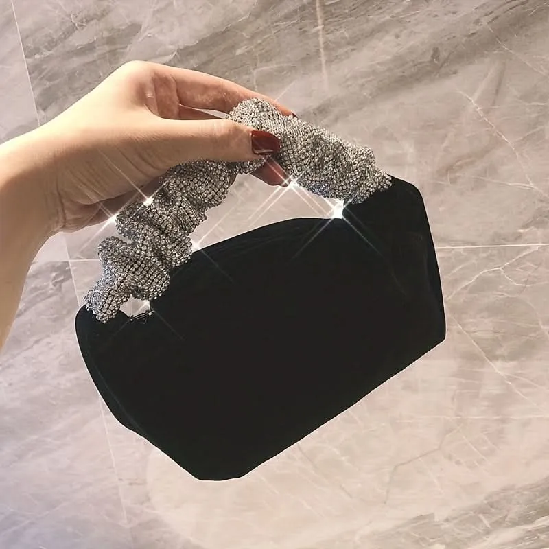 Black Velvet Evening Clutch with Rhinestone Handle