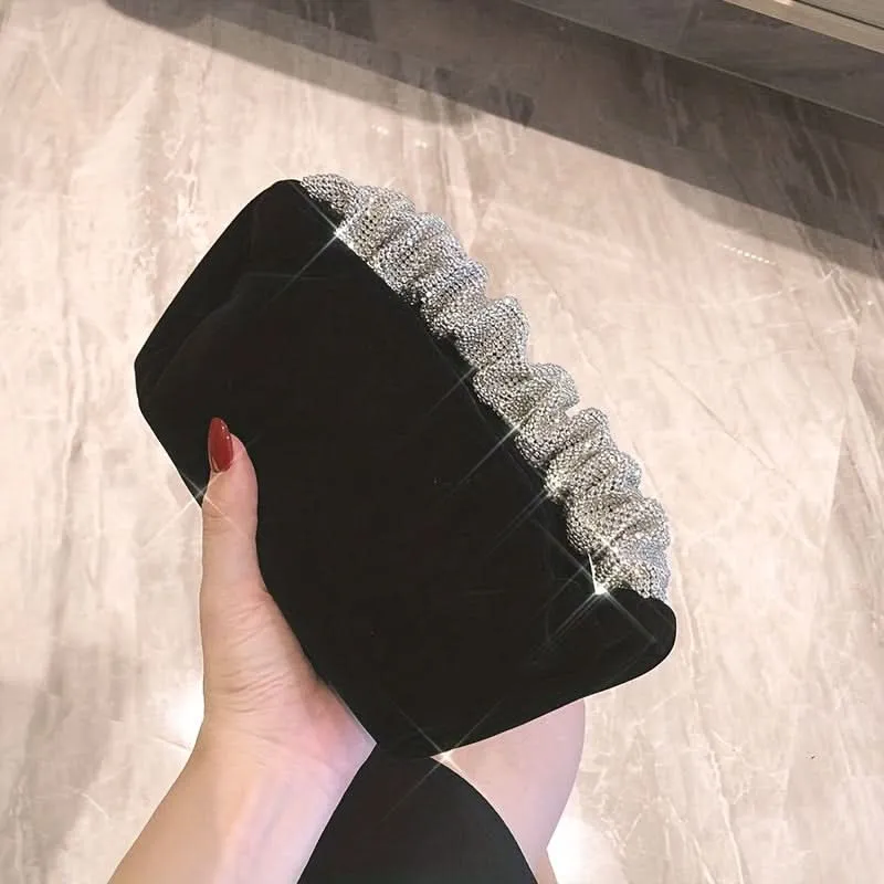 Black Velvet Evening Clutch with Rhinestone Handle