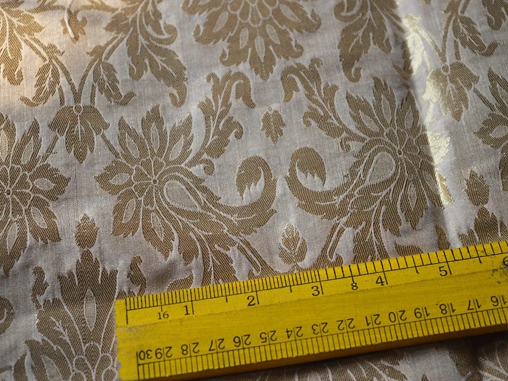 Blended Silk Brocade in Beige Gold with Motifs Weaving Indian Dresses making Banarasi Fabric by the Yard brocade crafting Sewing home decor