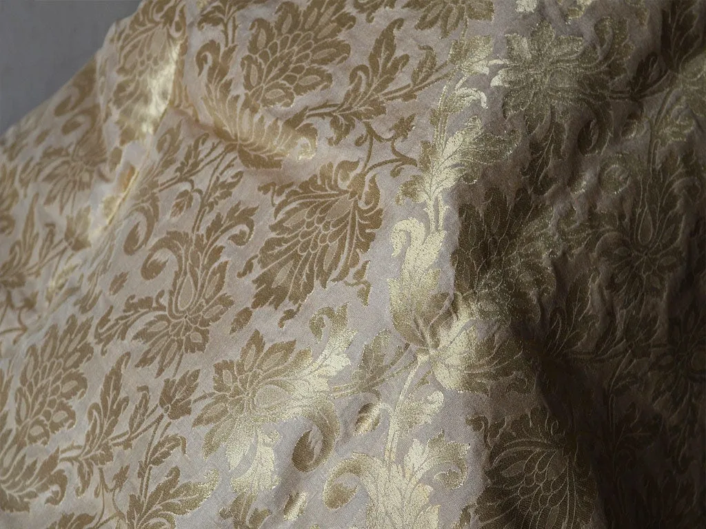 Blended Silk Brocade in Beige Gold with Motifs Weaving Indian Dresses making Banarasi Fabric by the Yard brocade crafting Sewing home decor