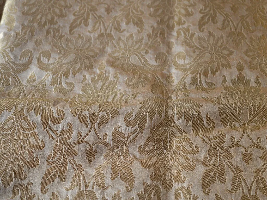 Blended Silk Brocade in Beige Gold with Motifs Weaving Indian Dresses making Banarasi Fabric by the Yard brocade crafting Sewing home decor