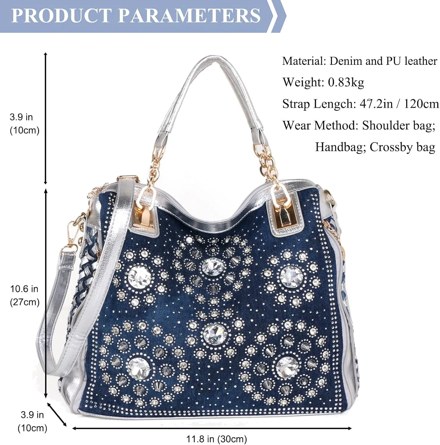 Bling Purses for Women Crystal Rhinestone Crossbody Bag Large Denim Jean Purses and Handbags