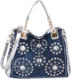 Bling Purses for Women Crystal Rhinestone Crossbody Bag Large Denim Jean Purses and Handbags