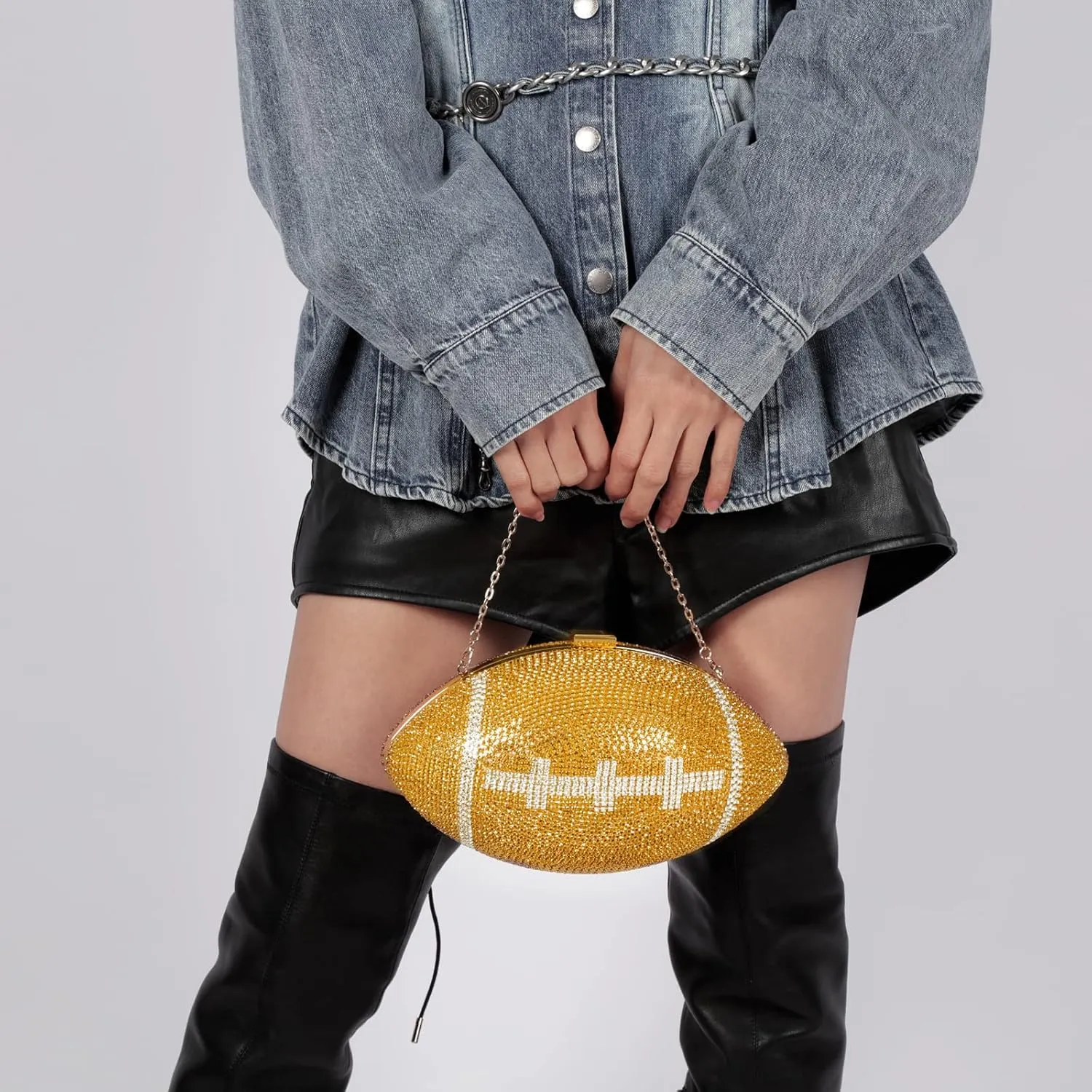 Bling Rhinestone Football Shaped Rugby Quirky Bag Purse Shoulder Handbag with Crystal for Women Girls