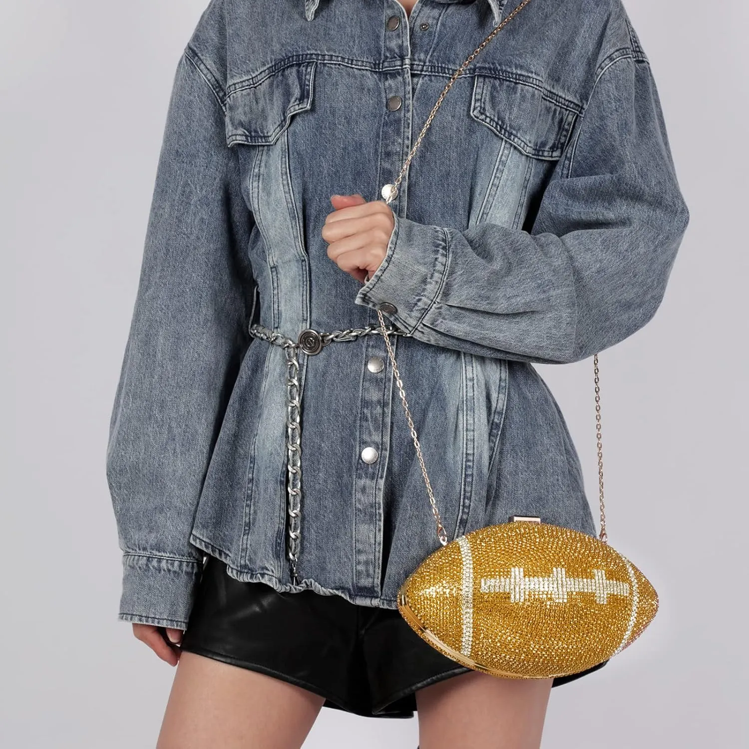 Bling Rhinestone Football Shaped Rugby Quirky Bag Purse Shoulder Handbag with Crystal for Women Girls