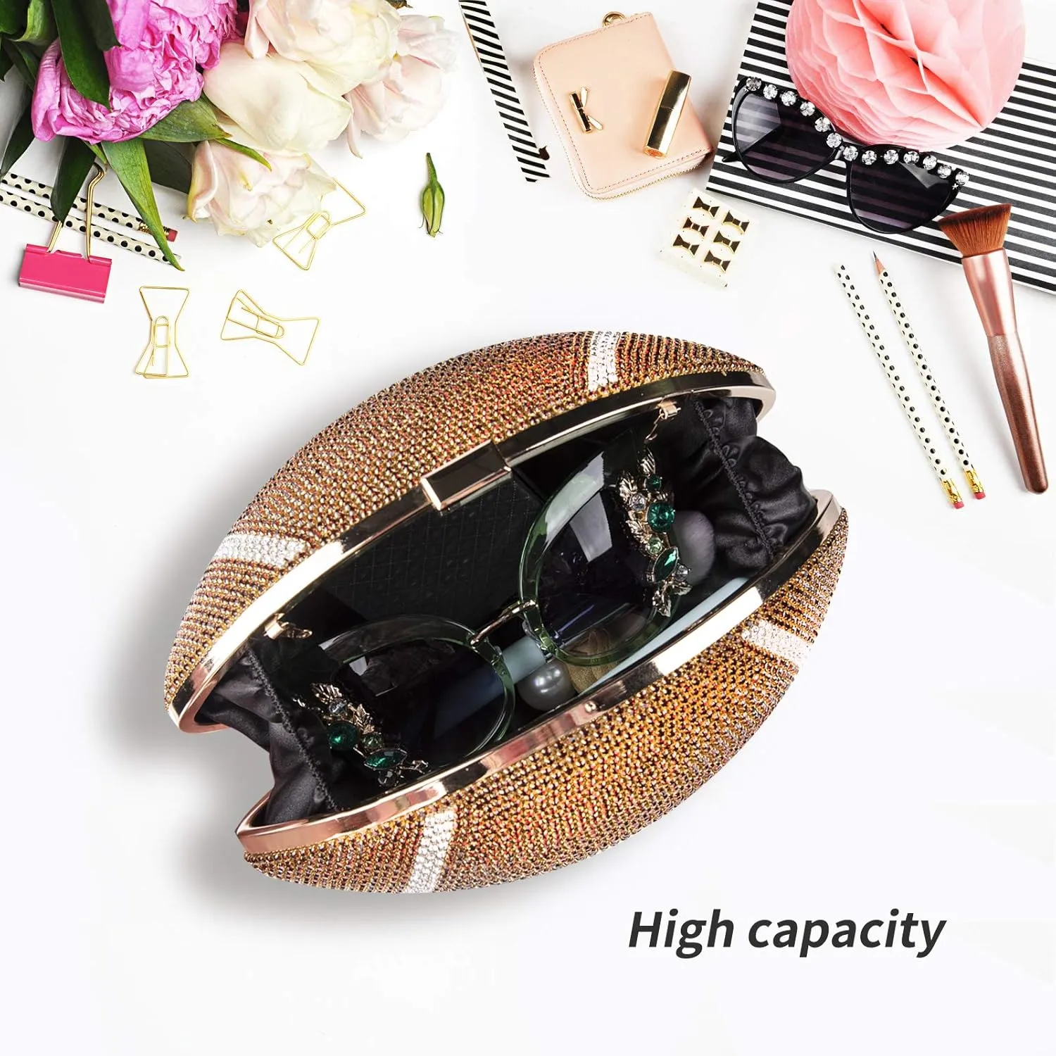 Bling Rhinestone Football Shaped Rugby Quirky Bag Purse Shoulder Handbag with Crystal for Women Girls