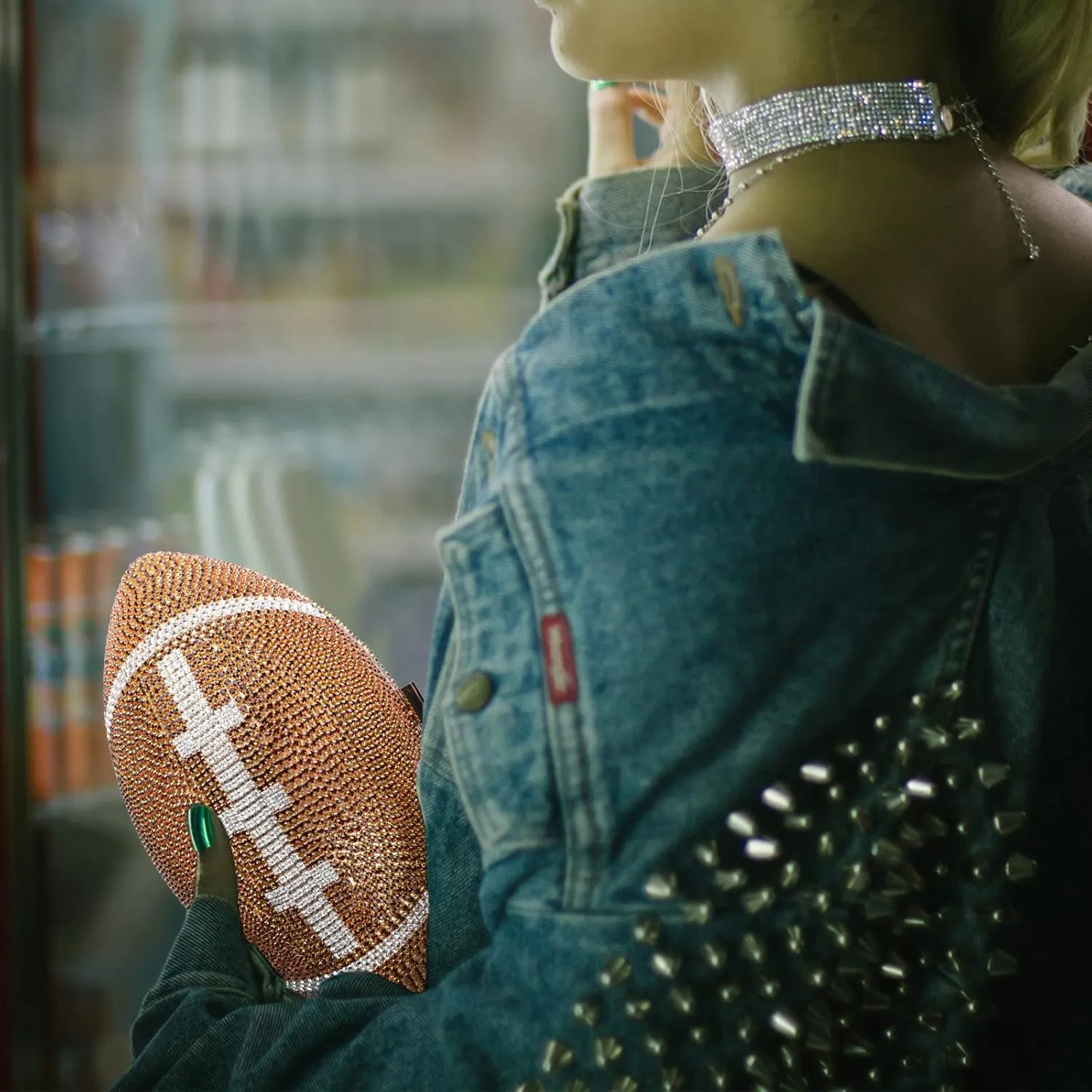 Bling Rhinestone Football Shaped Rugby Quirky Bag Purse Shoulder Handbag with Crystal for Women Girls