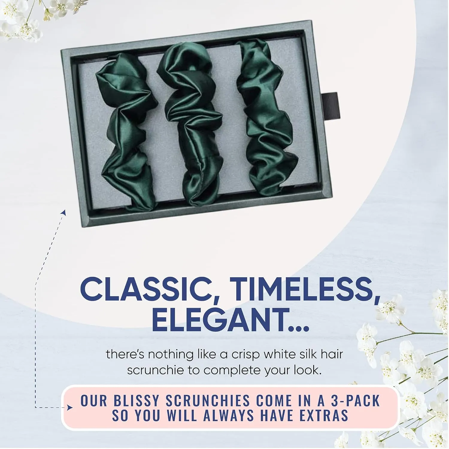 Blissy Silk Scrunchies (3 Pack) - 100% Pure Mulberry 22 Momme 6A High-Grade Fibers - Silk Scrunchie for Straight & Curly Hair (Emerald, Regular)