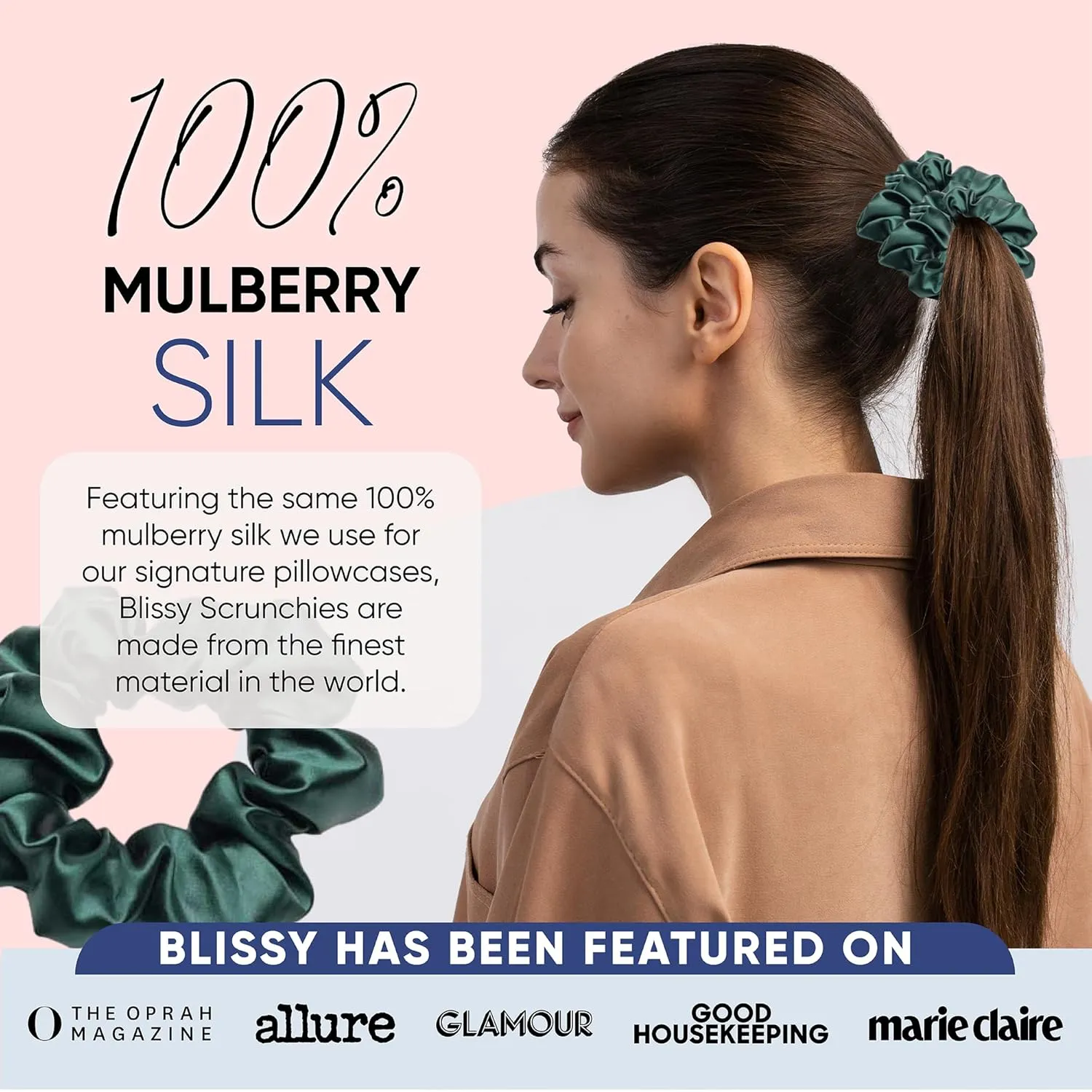 Blissy Silk Scrunchies (3 Pack) - 100% Pure Mulberry 22 Momme 6A High-Grade Fibers - Silk Scrunchie for Straight & Curly Hair (Emerald, Regular)
