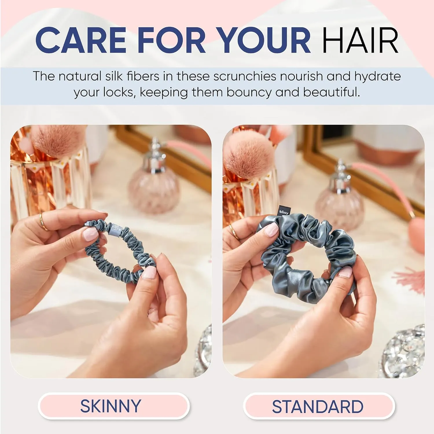 Blissy Silk Scrunchies (3 Pack) - 100% Pure Mulberry Silk - 22 Momme 6A High-Grade Fibers - Silk Scrunchie for Straight & Curly Hair - Preventing Breakage, Tangling, & Creasing (Ash Blue Regular)