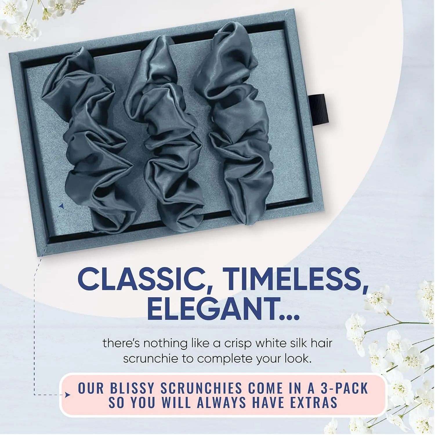 Blissy Silk Scrunchies (3 Pack) - 100% Pure Mulberry Silk - 22 Momme 6A High-Grade Fibers - Silk Scrunchie for Straight & Curly Hair - Preventing Breakage, Tangling, & Creasing (Ash Blue Regular)
