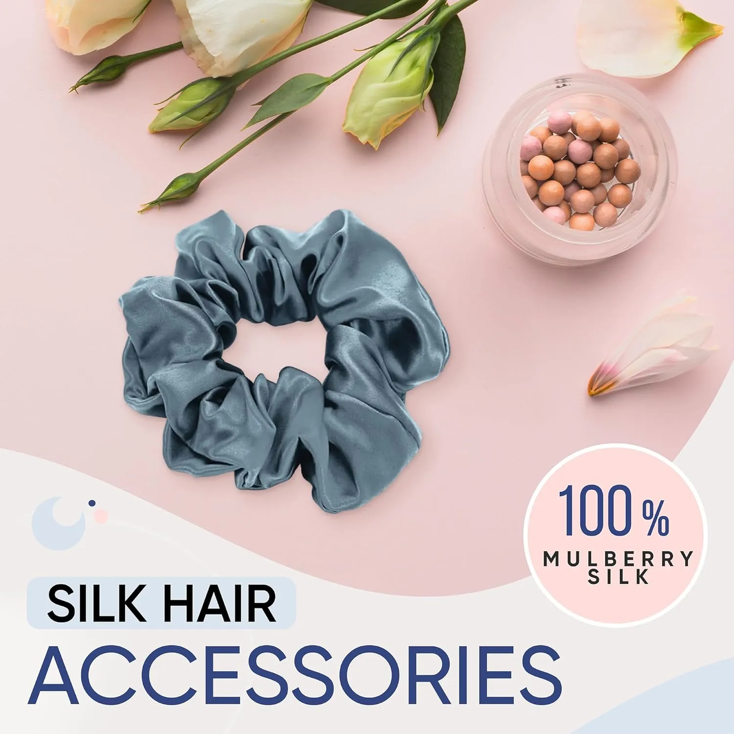 Blissy Silk Scrunchies (3 Pack) - 100% Pure Mulberry Silk - 22 Momme 6A High-Grade Fibers - Silk Scrunchie for Straight & Curly Hair - Preventing Breakage, Tangling, & Creasing (Ash Blue Regular)