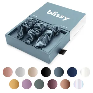 Blissy Silk Scrunchies (3 Pack) - 100% Pure Mulberry Silk - 22 Momme 6A High-Grade Fibers - Silk Scrunchie for Straight & Curly Hair - Preventing Breakage, Tangling, & Creasing (Ash Blue Regular)