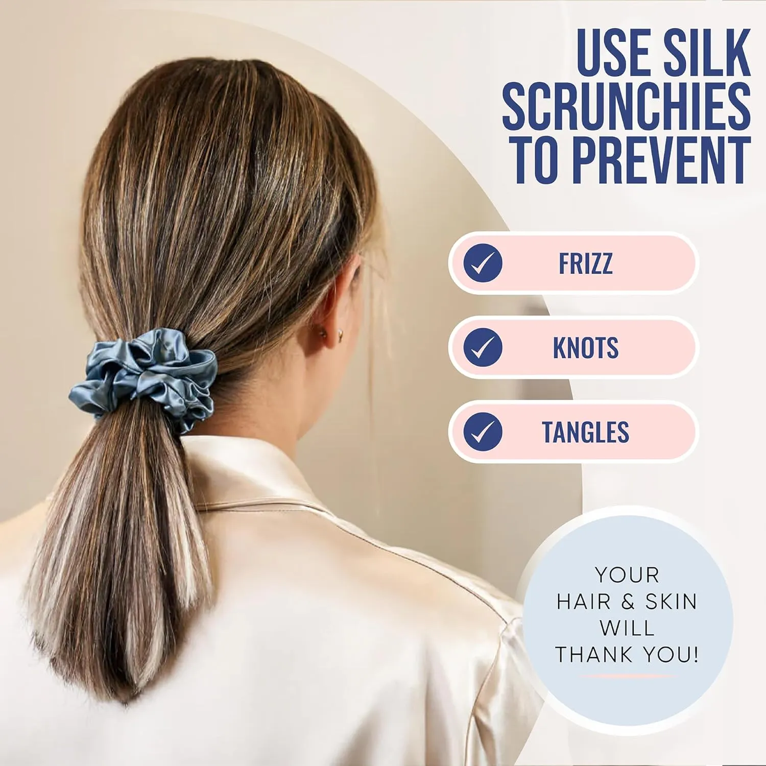 Blissy Silk Scrunchies (3 Pack) - 100% Pure Mulberry Silk - 22 Momme 6A High-Grade Fibers - Silk Scrunchie for Straight & Curly Hair - Preventing Breakage, Tangling, & Creasing (Ash Blue Regular)