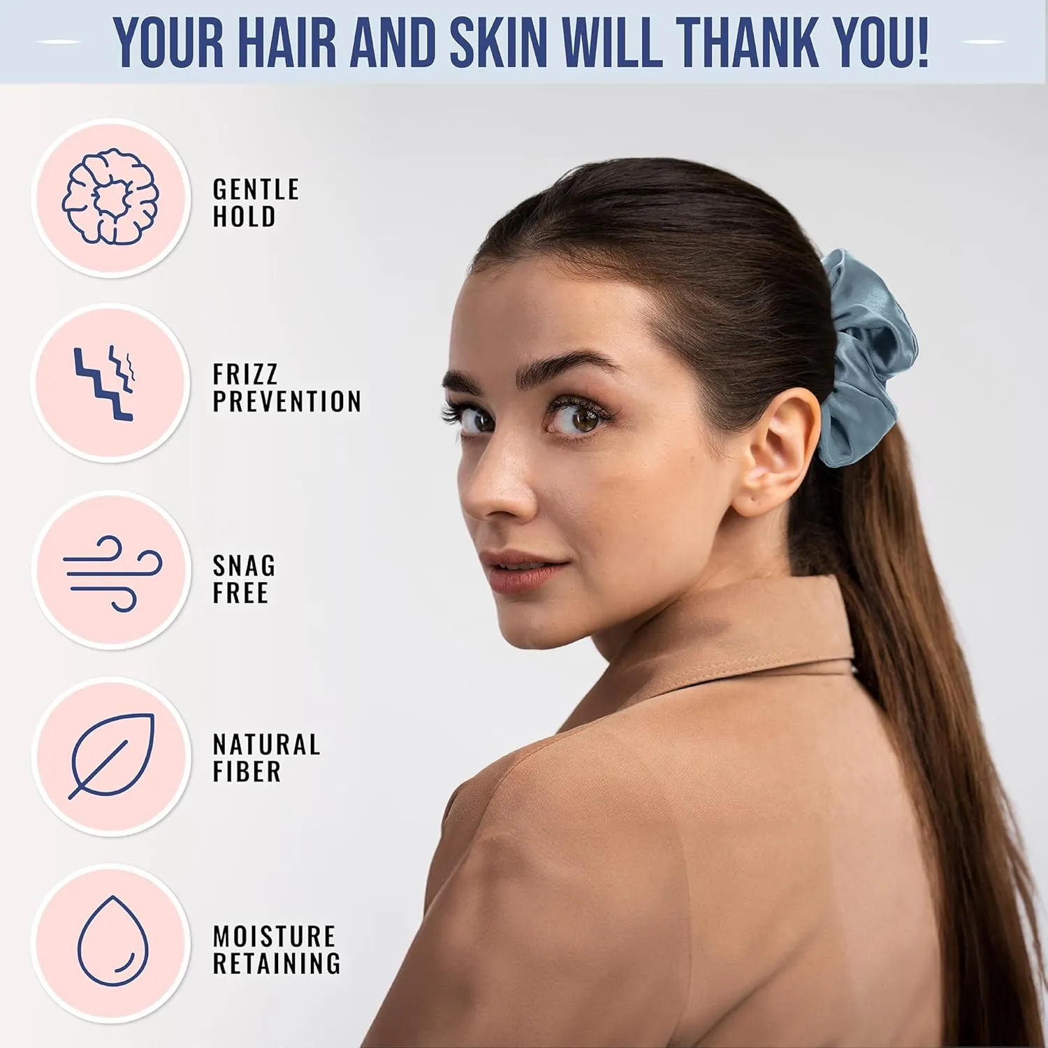Blissy Silk Scrunchies (3 Pack) - 100% Pure Mulberry Silk - 22 Momme 6A High-Grade Fibers - Silk Scrunchie for Straight & Curly Hair - Preventing Breakage, Tangling, & Creasing (Ash Blue Regular)