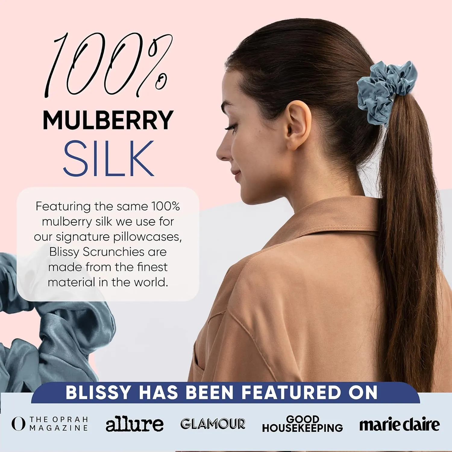 Blissy Silk Scrunchies (3 Pack) - 100% Pure Mulberry Silk - 22 Momme 6A High-Grade Fibers - Silk Scrunchie for Straight & Curly Hair - Preventing Breakage, Tangling, & Creasing (Ash Blue Regular)