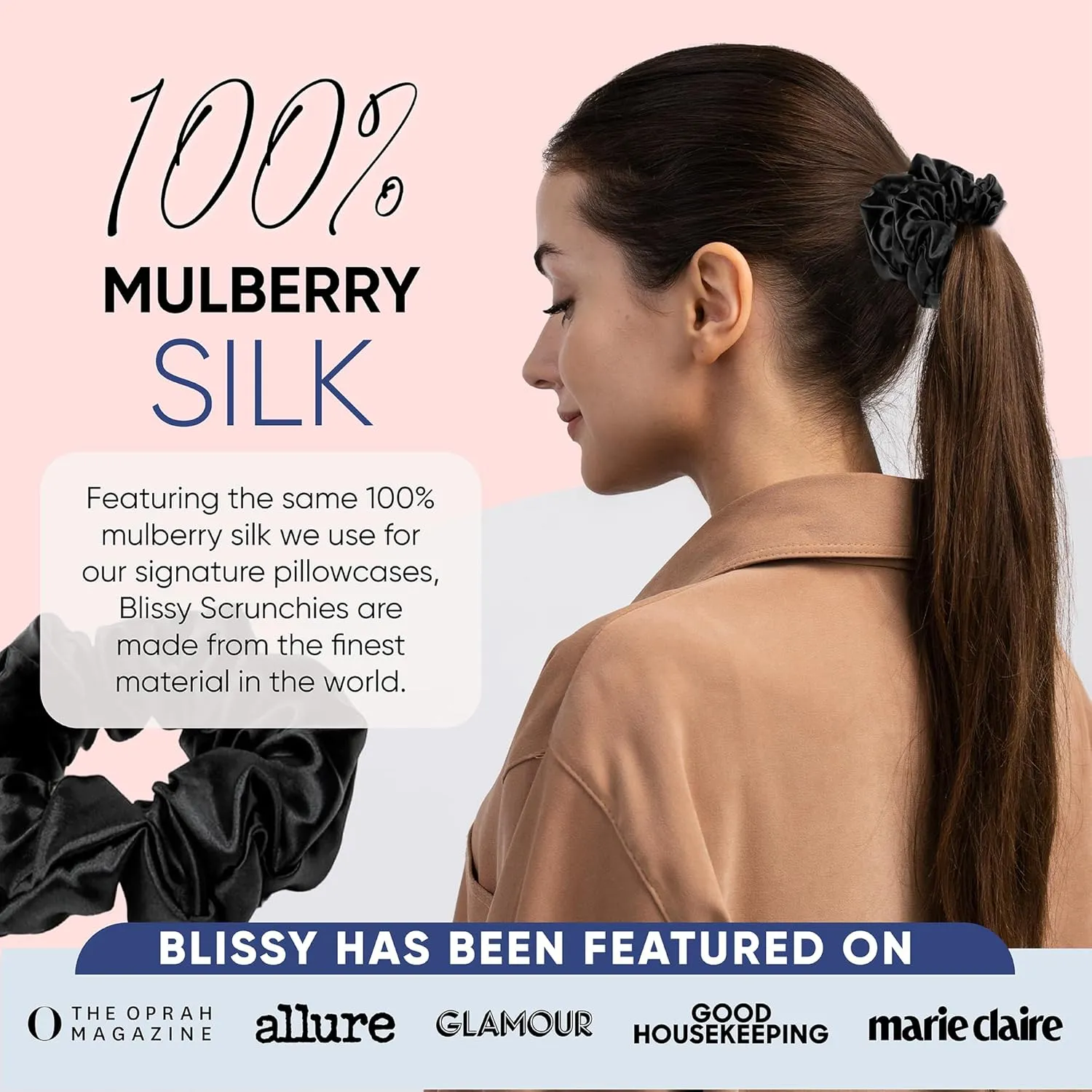 Blissy Silk Scrunchies (3 Pack) - 100% Pure Mulberry Silk - 22 Momme 6A High-Grade Fibers - Silk Scrunchie for Straight & Curly Hair - Preventing Breakage, Tangling, & Creasing (Black Regular)