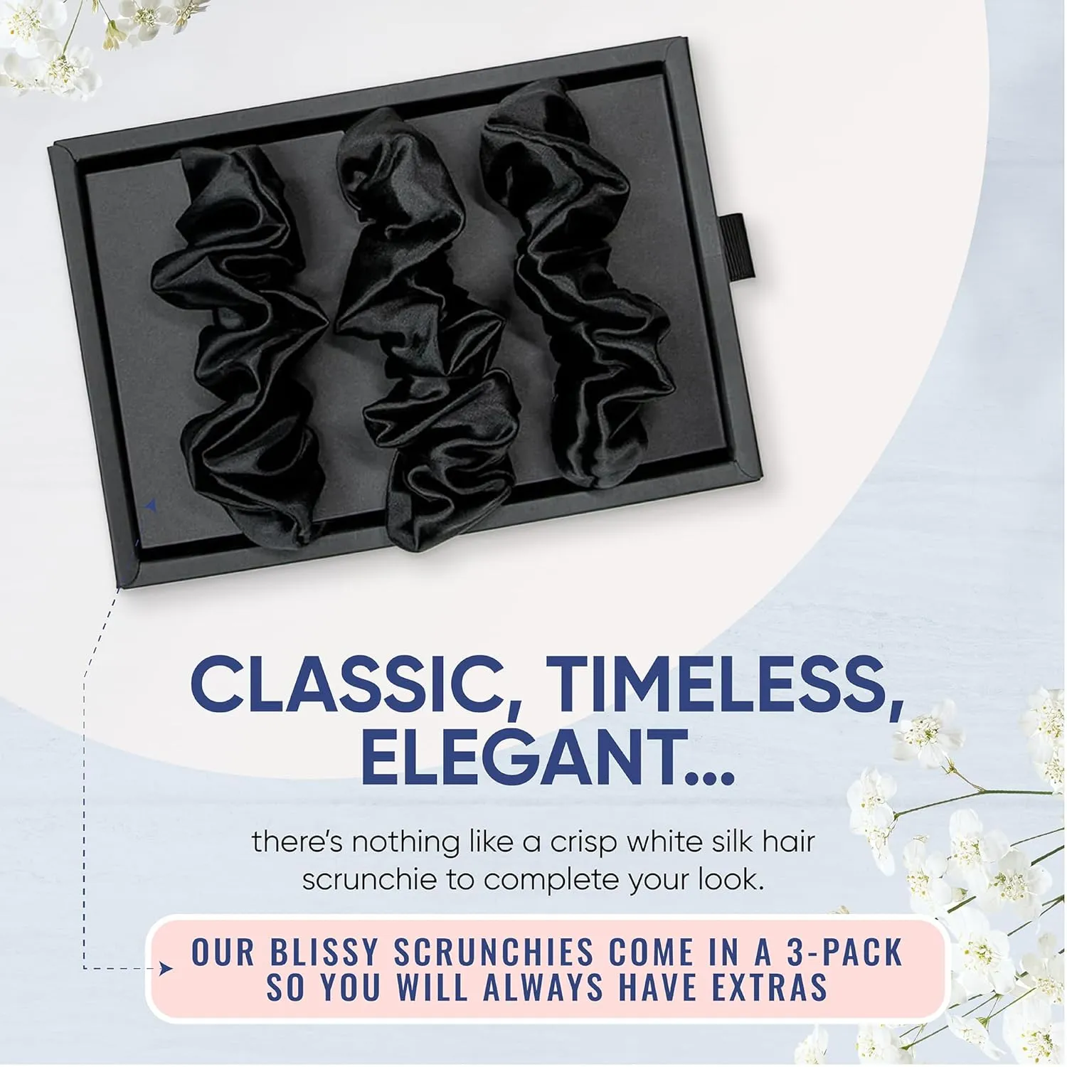 Blissy Silk Scrunchies (3 Pack) - 100% Pure Mulberry Silk - 22 Momme 6A High-Grade Fibers - Silk Scrunchie for Straight & Curly Hair - Preventing Breakage, Tangling, & Creasing (Black Regular)