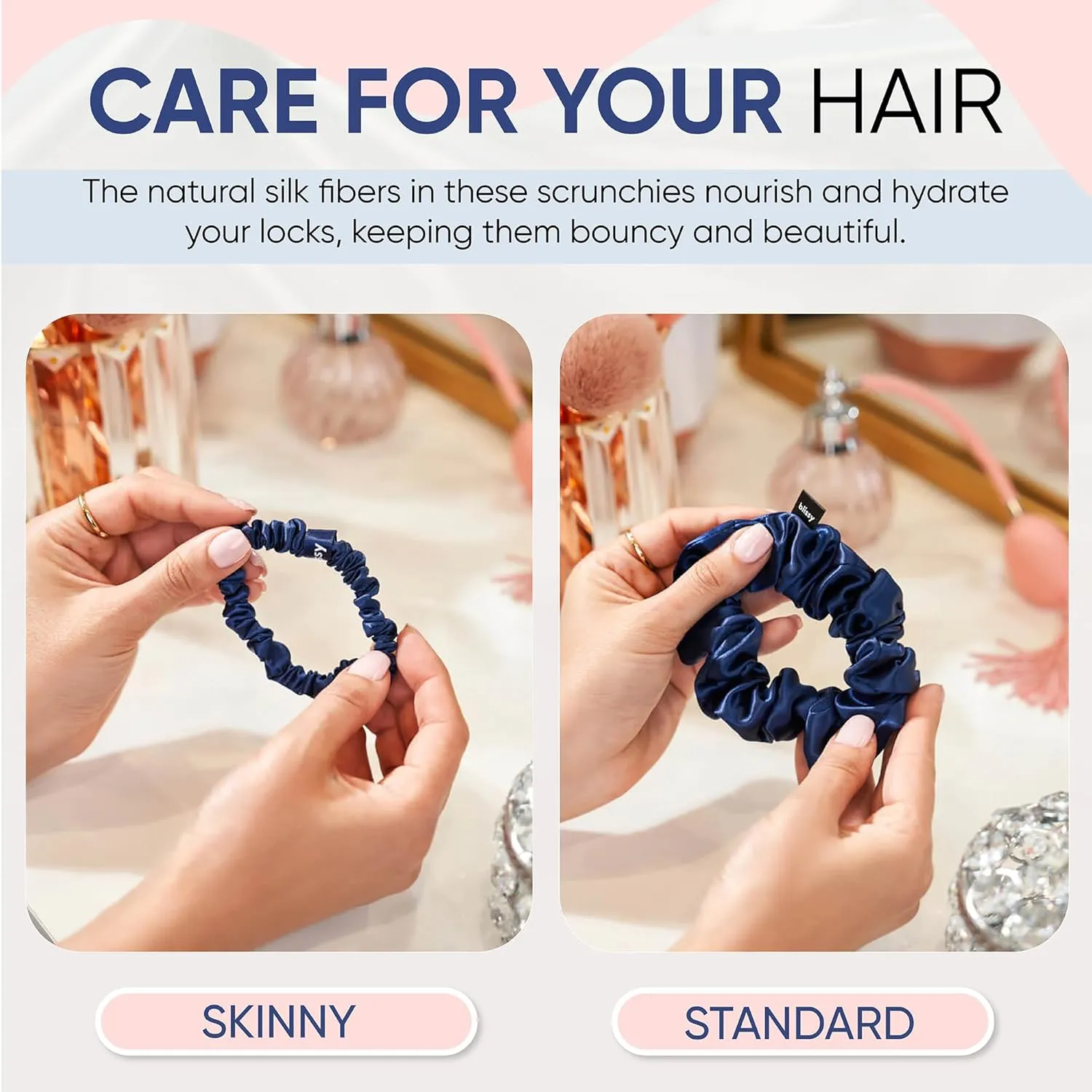 Blissy Silk Scrunchies (3 Pack) - 100% Pure Mulberry Silk - 22 Momme 6A High-Grade Fibers - Silk Scrunchie for Straight & Curly Hair - Preventing Breakage, Tangling, & Creasing (Blue Regular)
