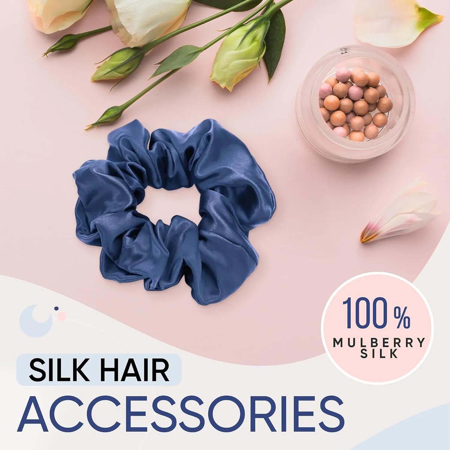Blissy Silk Scrunchies (3 Pack) - 100% Pure Mulberry Silk - 22 Momme 6A High-Grade Fibers - Silk Scrunchie for Straight & Curly Hair - Preventing Breakage, Tangling, & Creasing (Blue Regular)