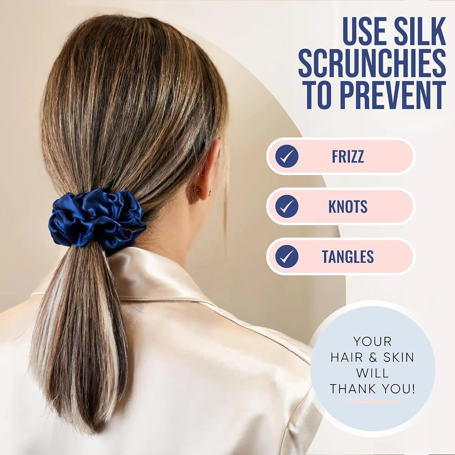 Blissy Silk Scrunchies (3 Pack) - 100% Pure Mulberry Silk - 22 Momme 6A High-Grade Fibers - Silk Scrunchie for Straight & Curly Hair - Preventing Breakage, Tangling, & Creasing (Blue Regular)