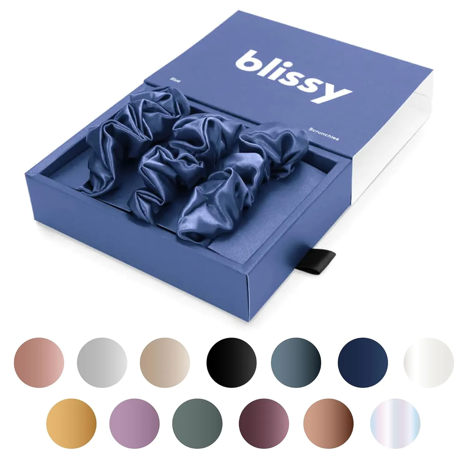 Blissy Silk Scrunchies (3 Pack) - 100% Pure Mulberry Silk - 22 Momme 6A High-Grade Fibers - Silk Scrunchie for Straight & Curly Hair - Preventing Breakage, Tangling, & Creasing (Blue Regular)