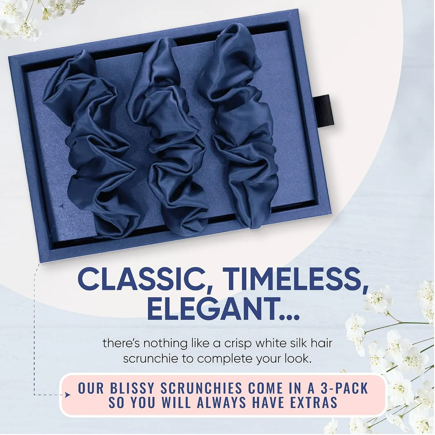 Blissy Silk Scrunchies (3 Pack) - 100% Pure Mulberry Silk - 22 Momme 6A High-Grade Fibers - Silk Scrunchie for Straight & Curly Hair - Preventing Breakage, Tangling, & Creasing (Blue Regular)