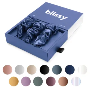 Blissy Silk Scrunchies (3 Pack) - 100% Pure Mulberry Silk - 22 Momme 6A High-Grade Fibers - Silk Scrunchie for Straight & Curly Hair - Preventing Breakage, Tangling, & Creasing (Blue Regular)