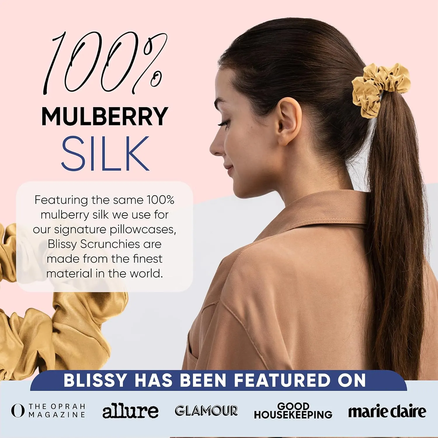 Blissy Silk Scrunchies (3 Pack) - 100% Pure Mulberry Silk - 22 Momme 6A High-Grade Fibers - Silk Scrunchie for Straight & Curly Hair - Preventing Breakage, Tangling, & Creasing (Gold Regular)
